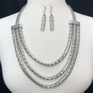 Long Silver Statement Necklace Earrings Set